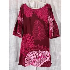 Manuheali'i Womens Midi Dress M Pink Hawaiian Aloha Print Tropical Flare Sleeve